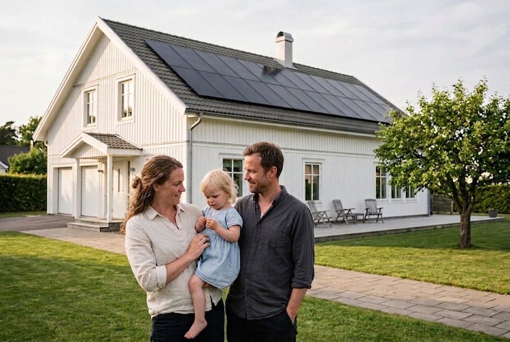 Familj med litet barn står på gräsmattan framför sin villa med solceller på taket.
