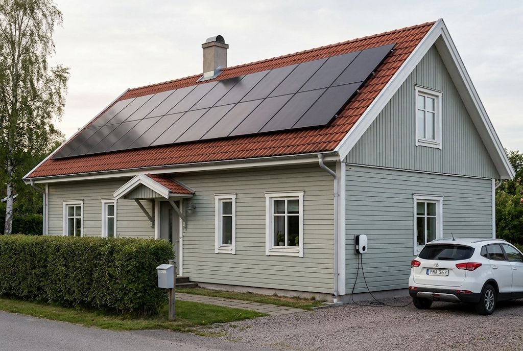 Ljusgrön villa med solceller på taket och en laddbox på väggen där elbilen står laddad.