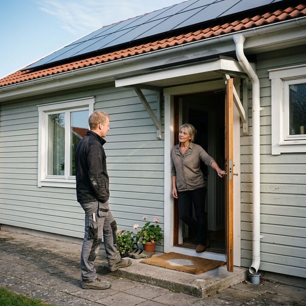 Installatör möter villaägaren vid ytterdörren inför en genomgång av taket.