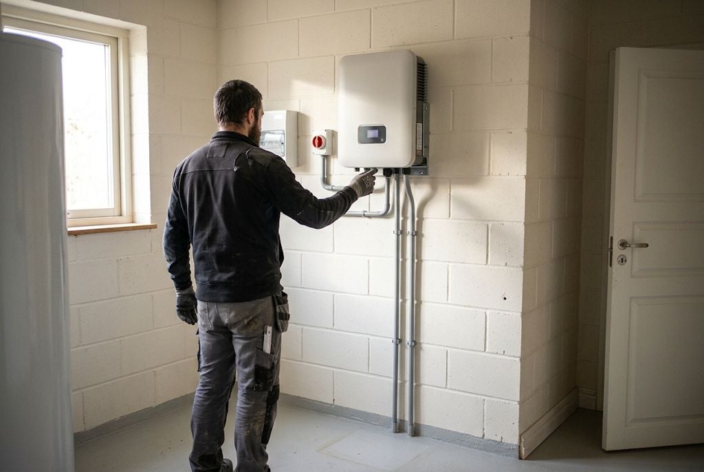 Installatör driftsätter växelriktaren på väggen i husets teknikrum efter avslutad montering.