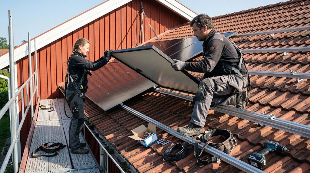 Två installatörer lyfter tillsammans en solpanel på plats på ett tegeltak.