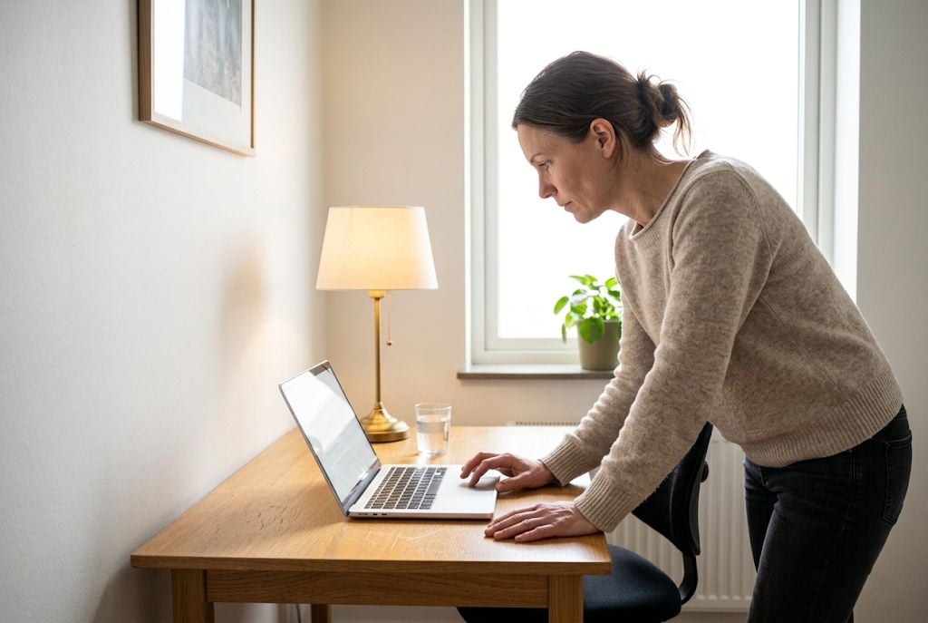 Kvinna jämför solcellsofferter på en laptop vid skrivbordet hemma i vardagsrummet.