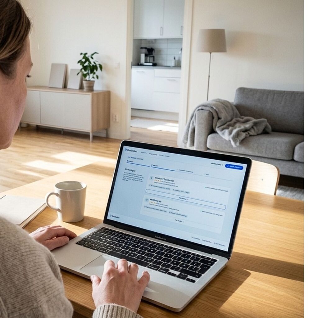 Kvinna jämför solcellsofferter på laptopen i vardagsrummet med en kopp kaffe bredvid.