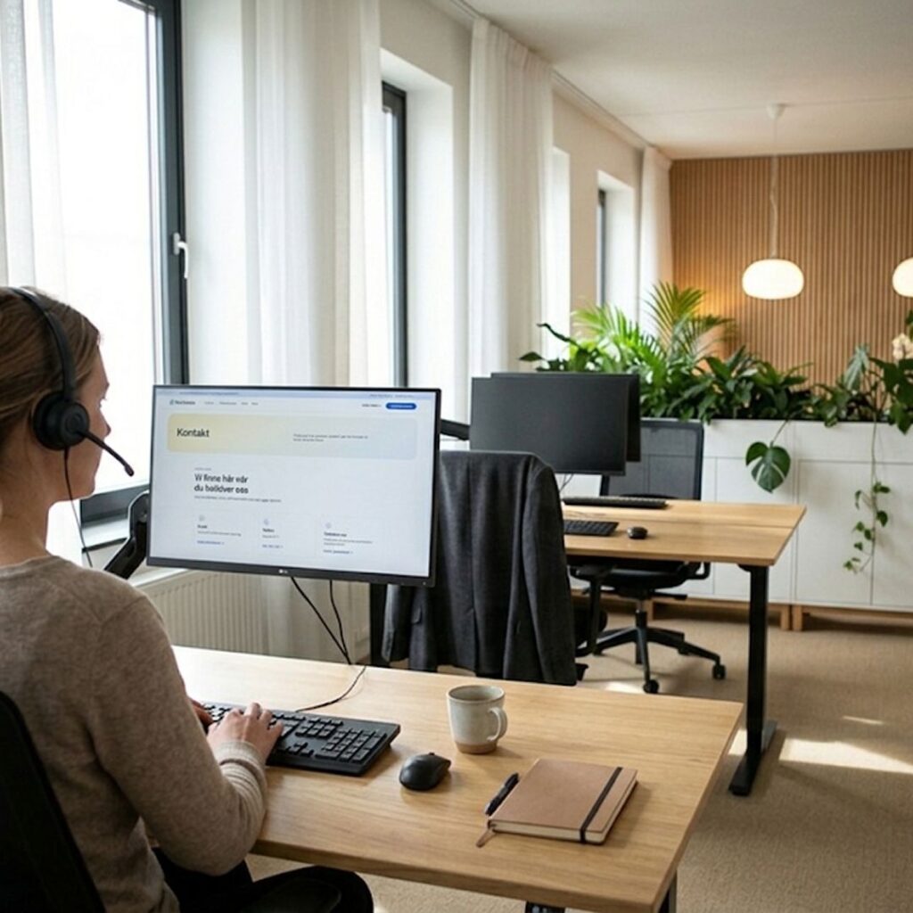 Medarbetare med headset går igenom solcellsofferter på skärmen på kontoret.