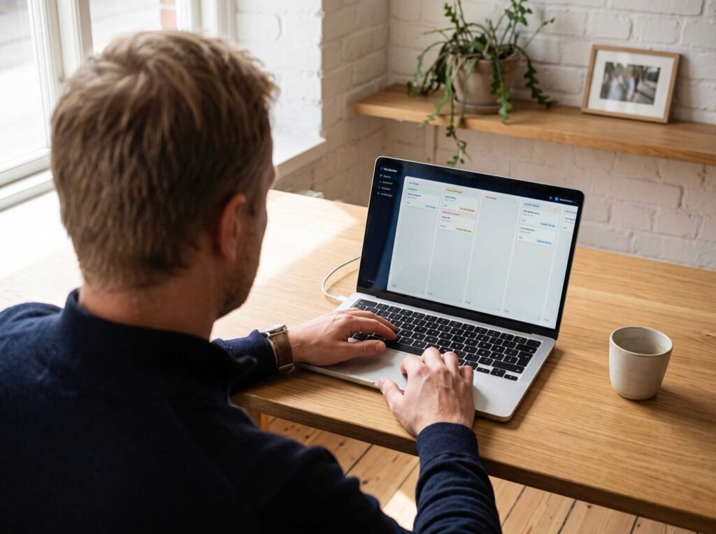 Solcellsinstallatör som går igenom sina förfrågningar i Nordsolens partnerportal på en laptop.