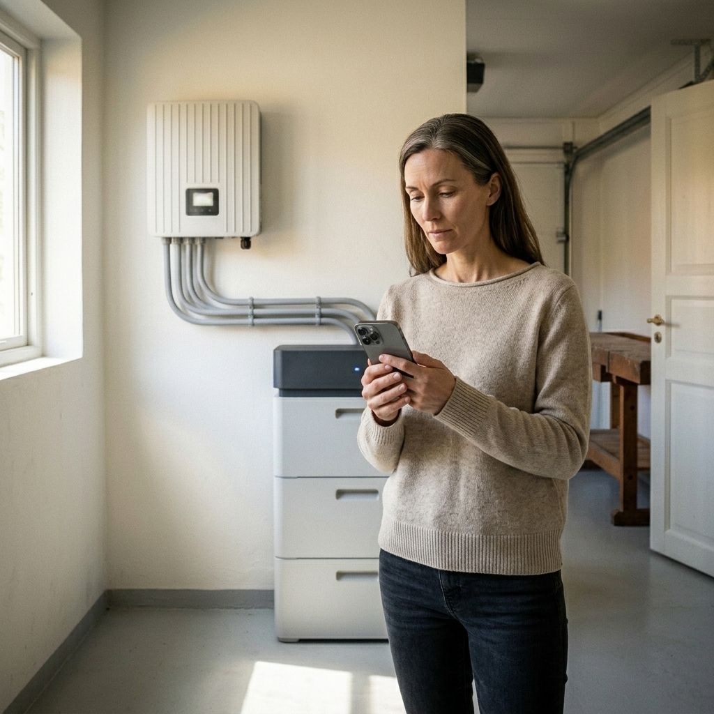 Kvinna styr solelen från mobilen framför batteriet och växelriktaren i teknikrummet.