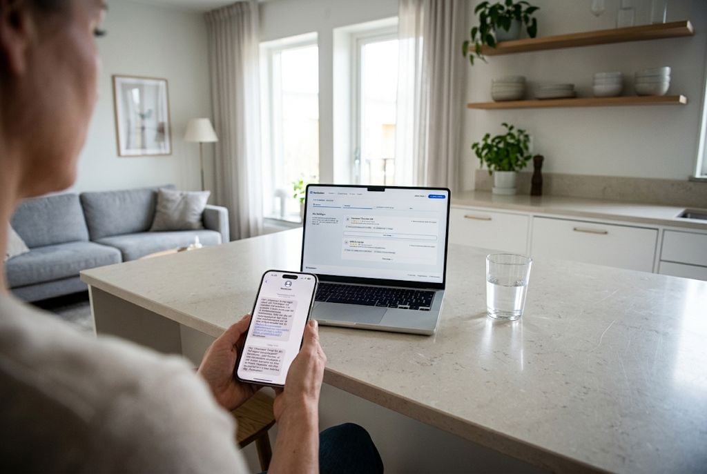 Kvinna läser sin solcellsoffert i mobilen med laptopen uppslagen på köksön.