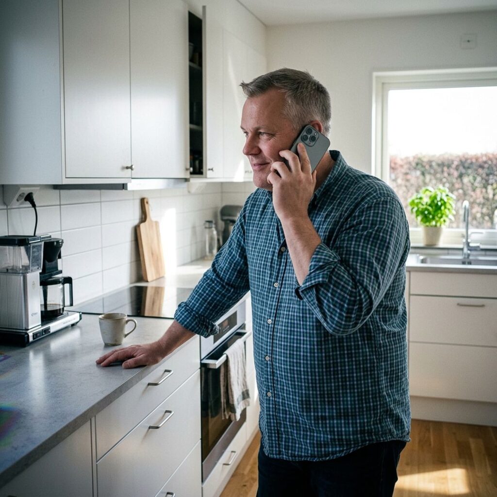 Villaägare står i köket och pratar i telefon om sin solcellsoffert.