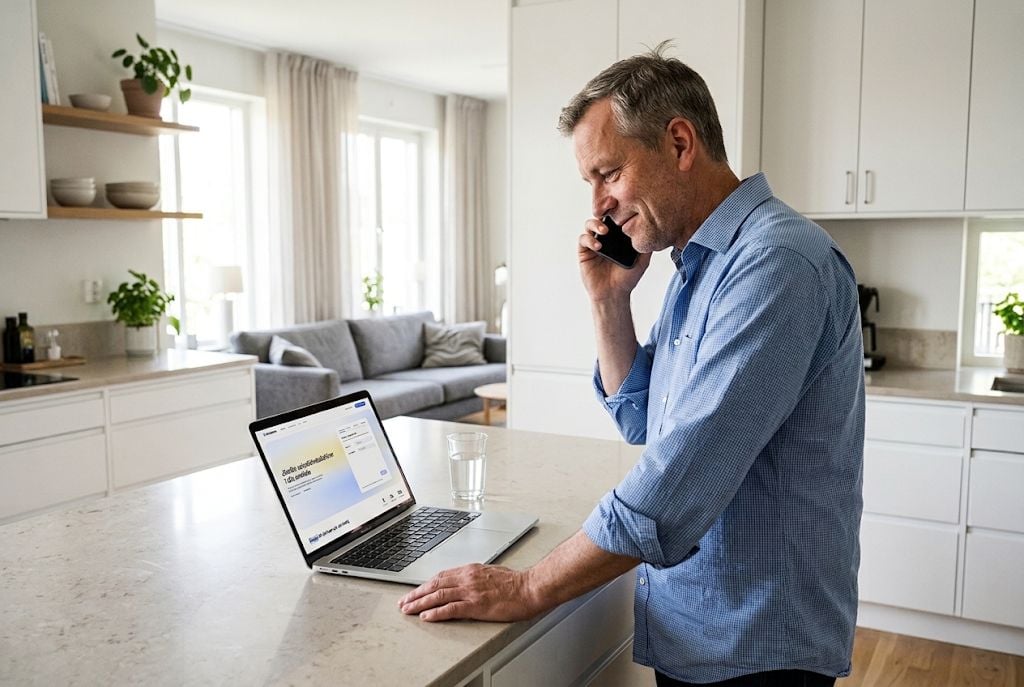 Villaägare pratar i telefon i köket med en solcellsoffert uppe på laptopen.