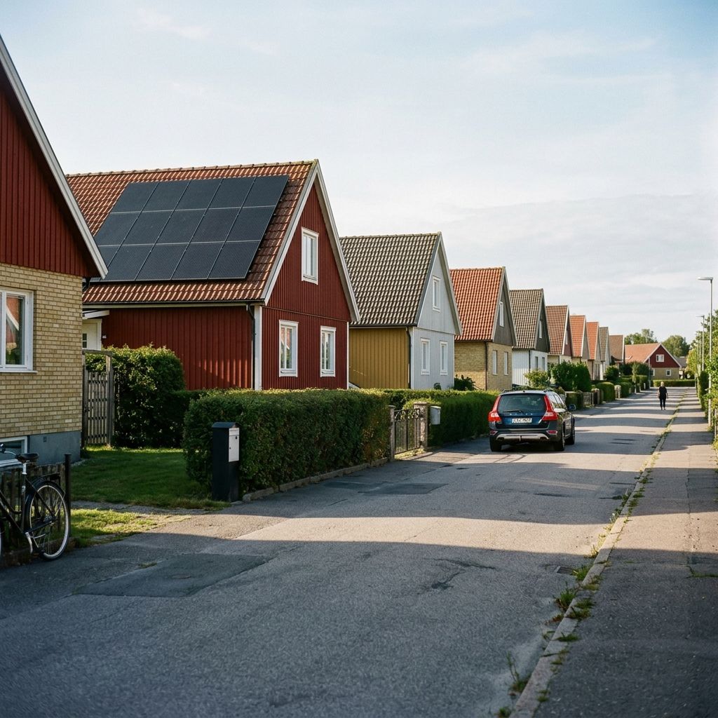 Villagata i kvällsljus där ett av husen har solceller på den södervända takytan.