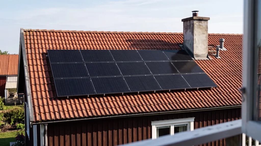 Solpaneler på villatak där skorstenens skugga faller över en del av raden