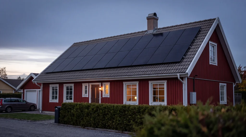Villa med solceller i skymning när huset använder köpt el