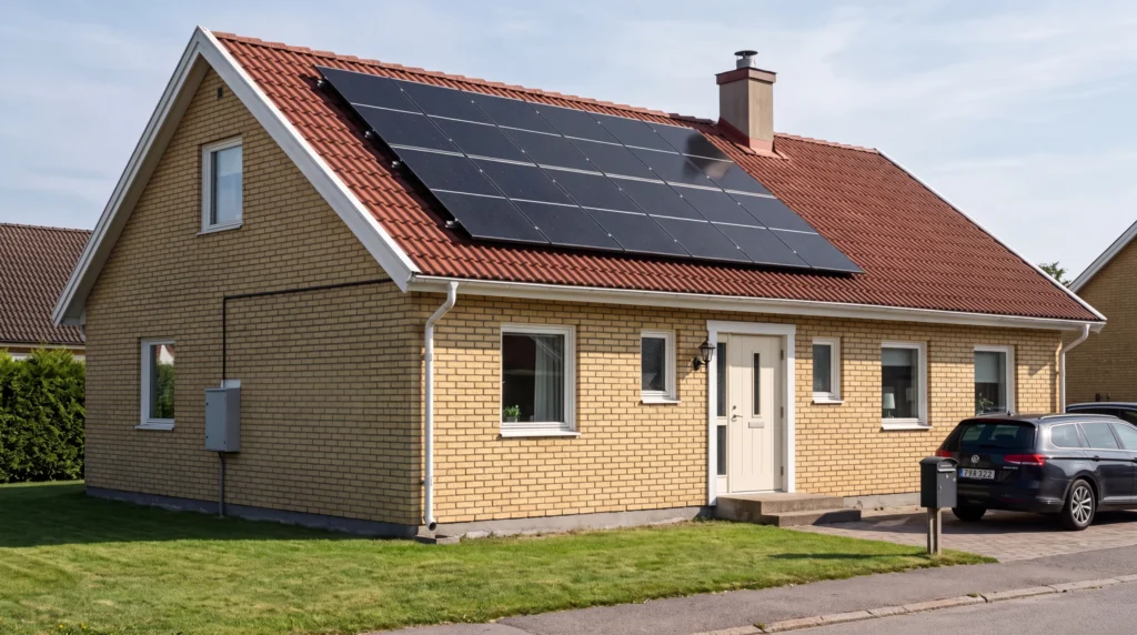 Villa med solceller på taket som är till salu