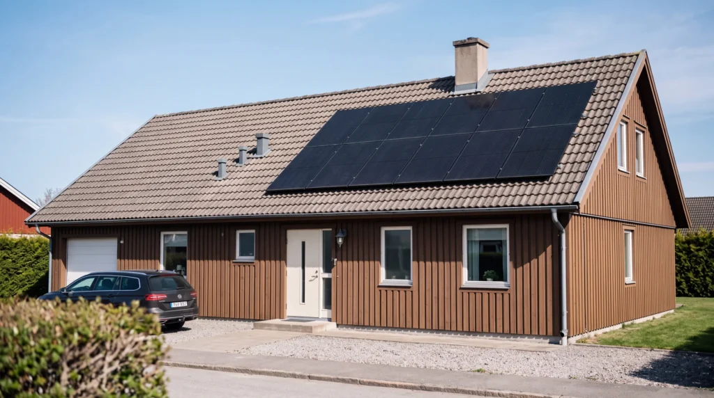 Villa med solceller på ett vanligt sadeltak