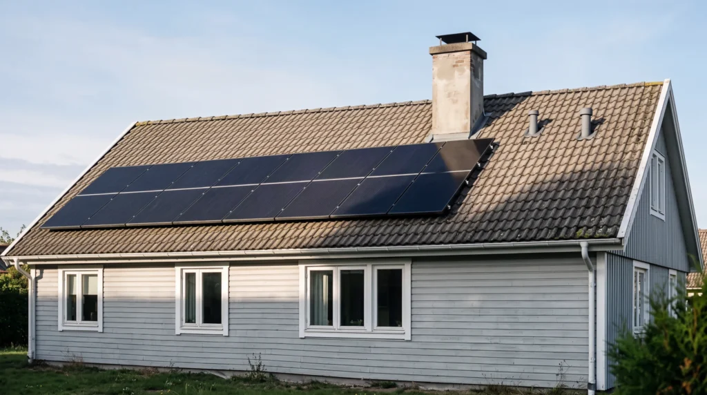 Skorstenens skugga faller över en del av solpanelerna
