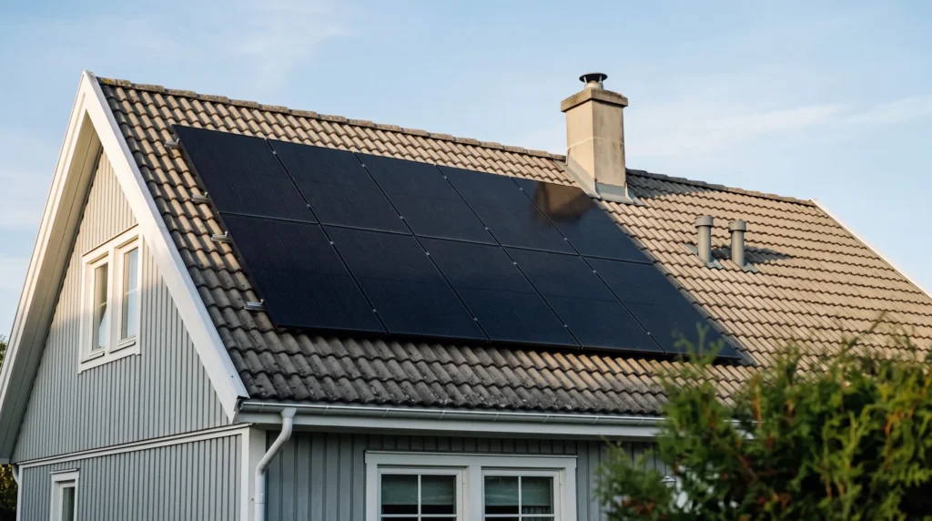 Solpaneler på ett villatak i kvällssol