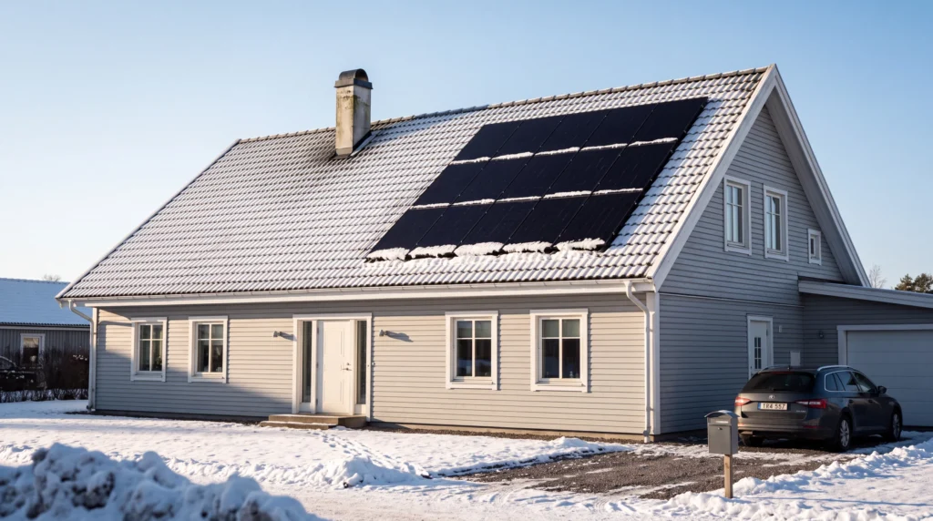 Solceller på ett villatak en klar vinterdag med snö