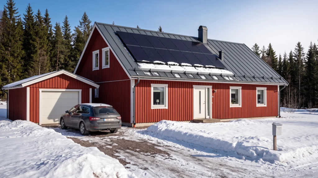 Solceller på en villa i norra Sverige i vårvinterljus