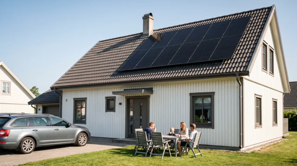 Villa med solceller en vanlig förmiddag