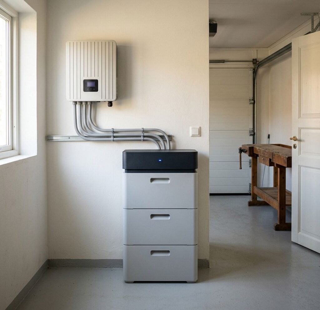 Hembatteri i tre moduler står på golvet i teknikrummet bredvid växelriktaren.