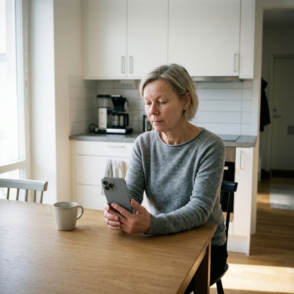 Kvinna sitter vid köksbordet med mobilen och läser om reglerna för gröna avdraget.