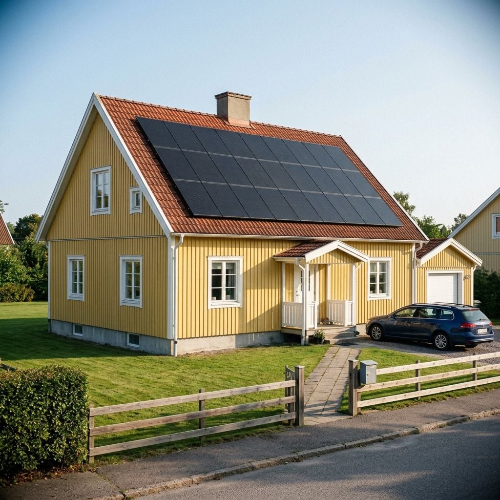 Gul villa med solceller på taket sedd från gatan, med staket och uppfart.