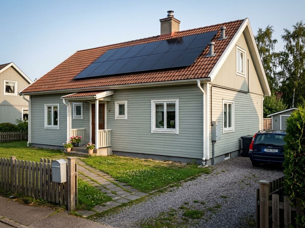 Ljusgrå villa med solceller på taket och bil på uppfarten, sedd från gatan.
