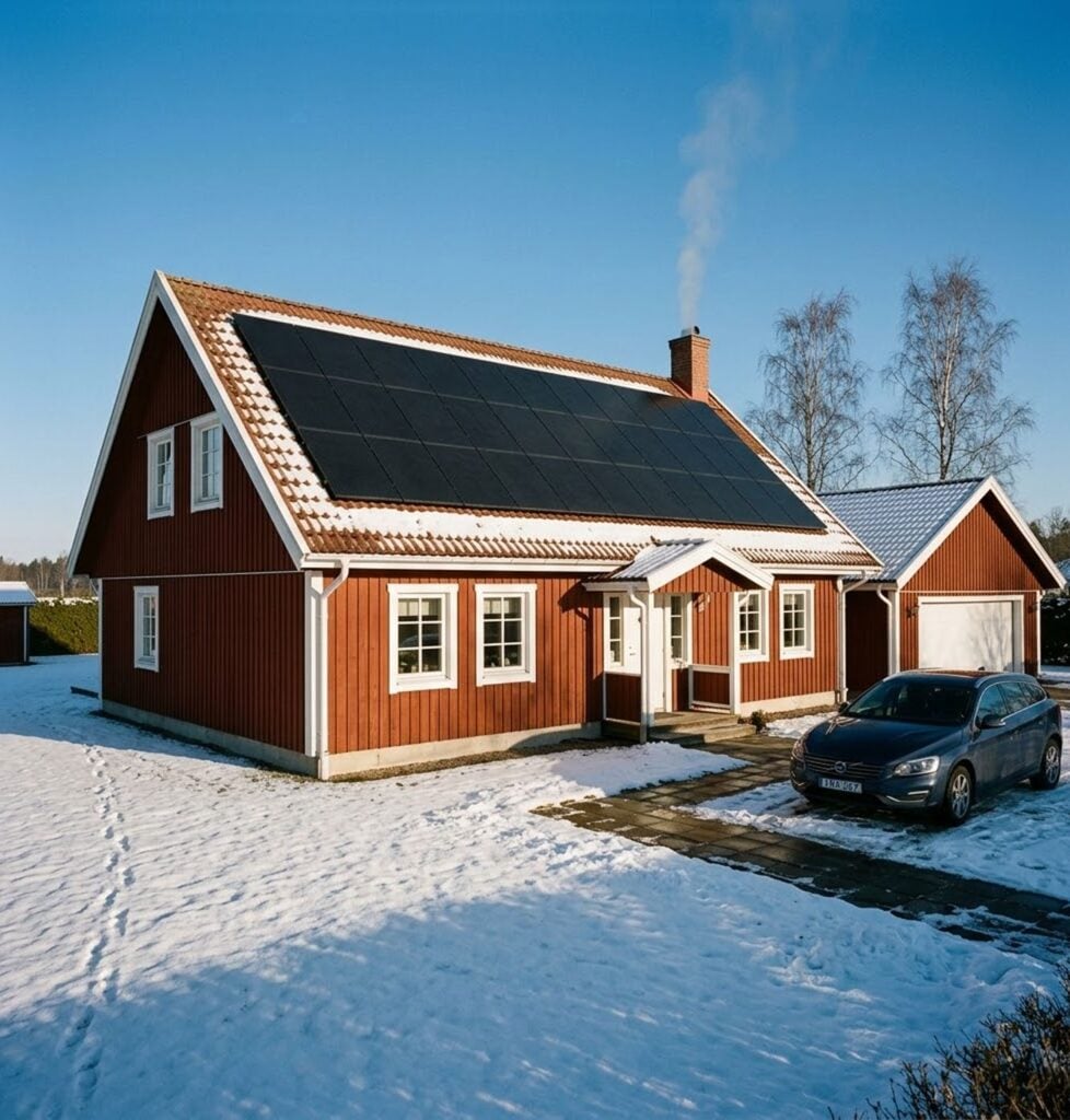 Röd villa en klar vinterdag med snö på marken och solceller på taket.