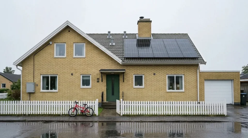 Villa med solpaneler monterade utanpå taket som följer takets form