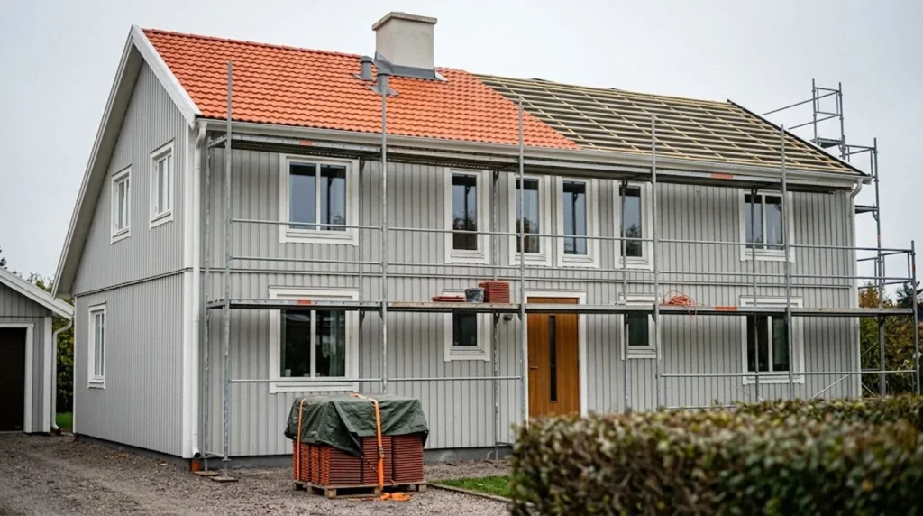 Villa med nylagt tegeltak och byggställning inför solcellsinstallation