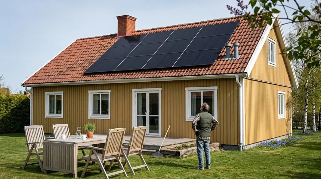 Villaägare kontrollerar sina solceller från marken på våren