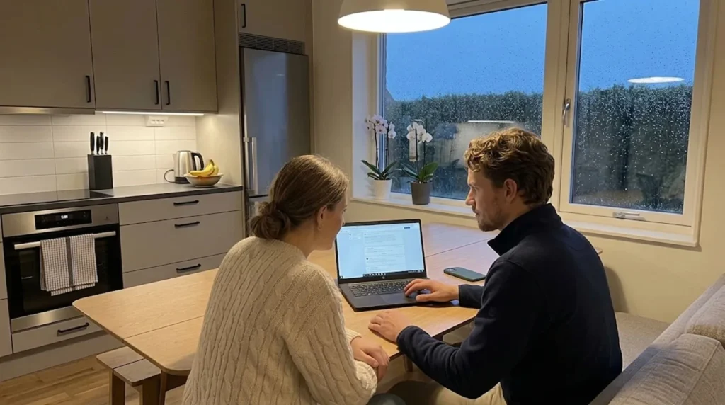 Villaägare granskar en solcellsoffert rad för rad vid köksbordet