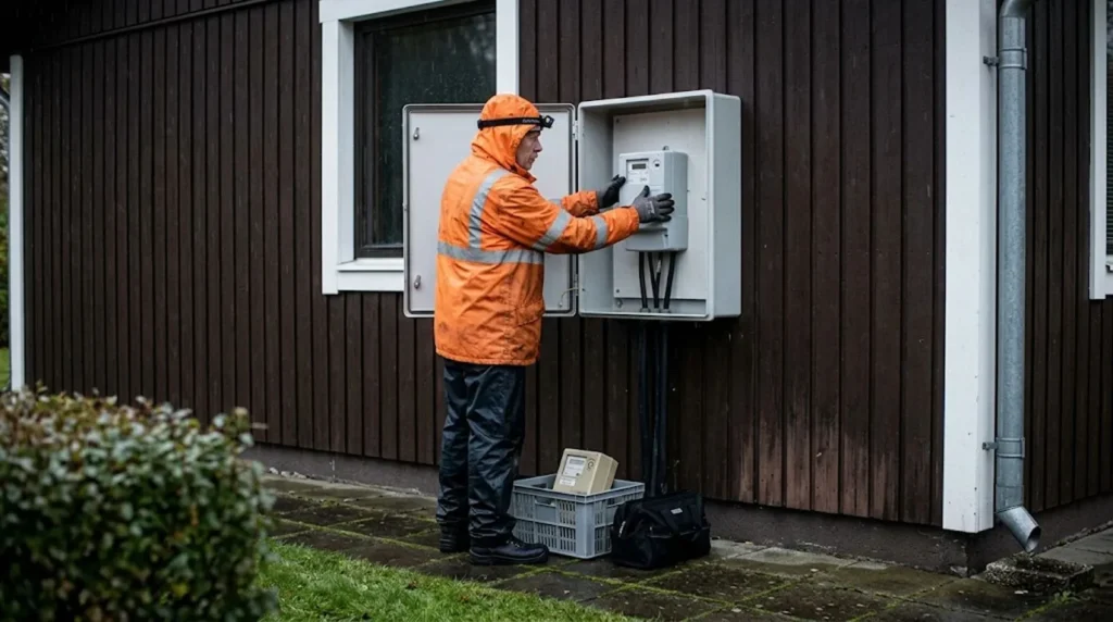 Nätbolagets tekniker byter elmätaren efter färdiganmälan