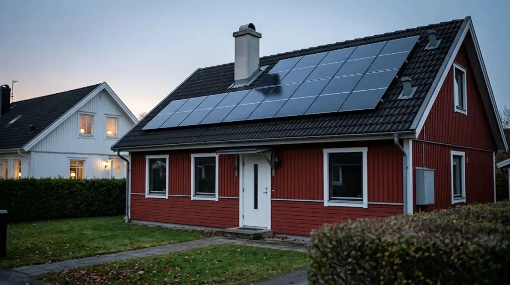 Villa med solceller under ett strömavbrott innan reservkraften startat