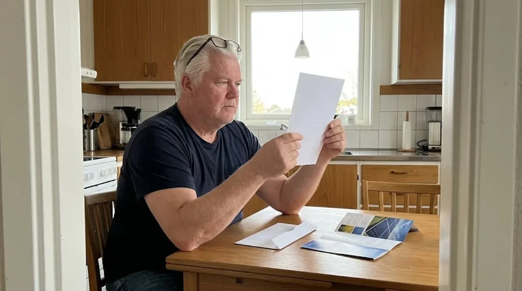 Villaägare läser garantin för solceller vid köksbordet med en broschyr om solpaneler