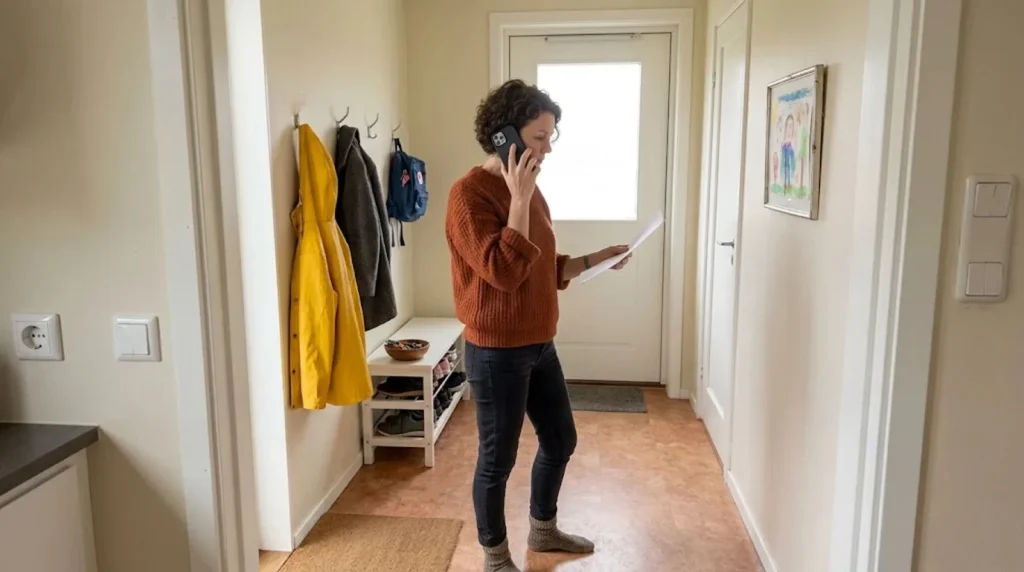 Villaägare ringer försäkringsbolaget om hemförsäkringen för solceller med försäkringsbrevet i handen
