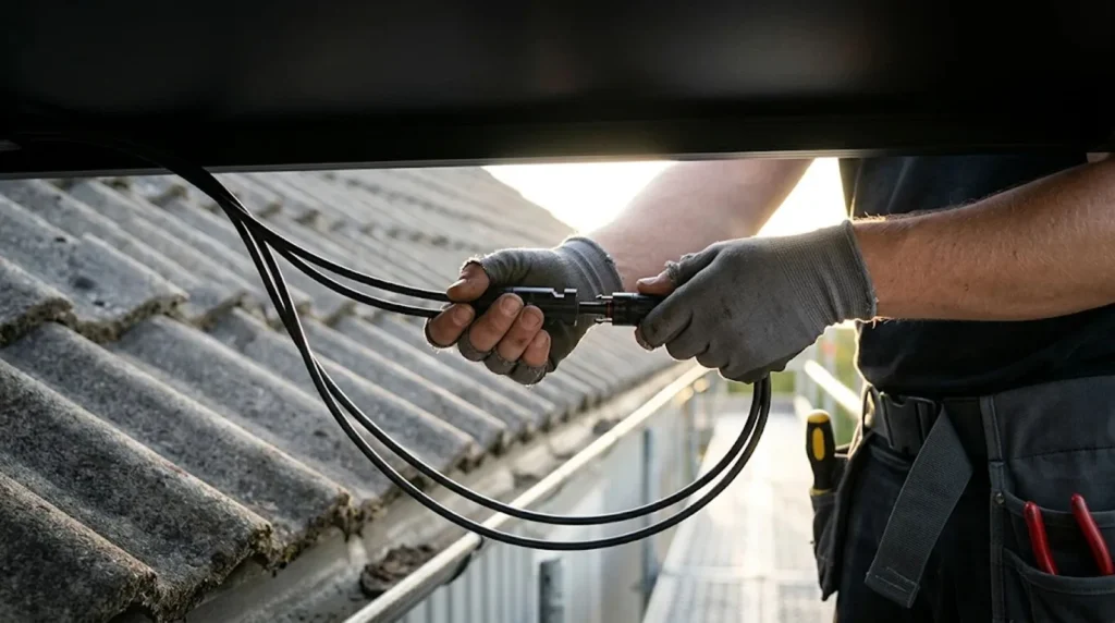 Installatör kopplar ihop solpanelernas kontaktdon på taket, en detalj som påverkar brandrisken med solceller