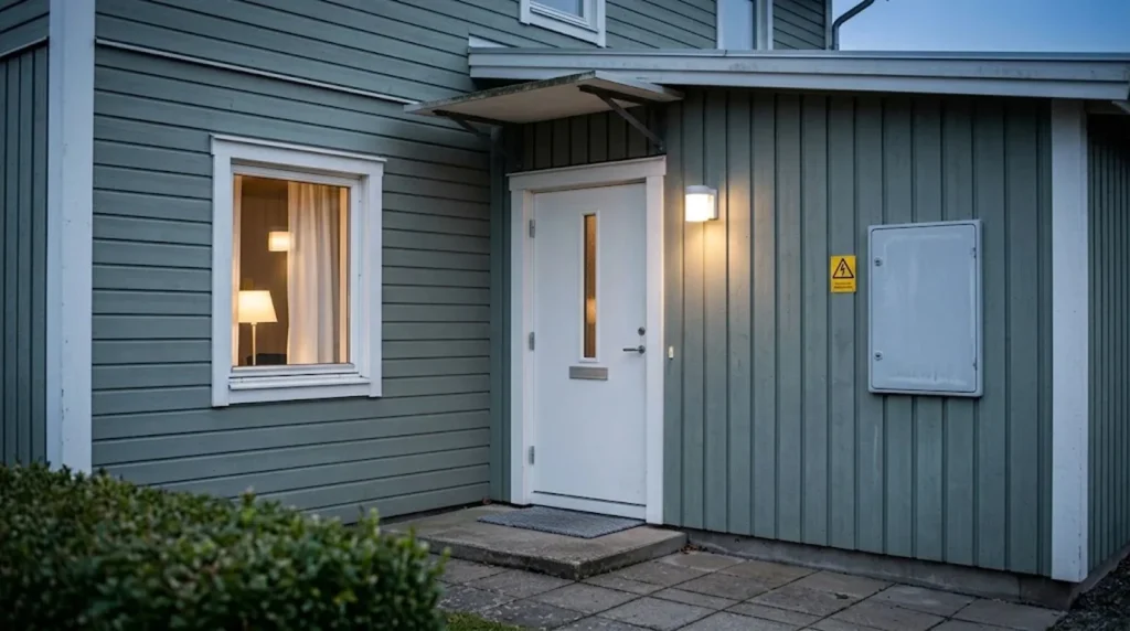 Varningsskylt för solcellsanläggning på fasaden vid elmätarskåpet som visar räddningstjänsten att huset har solceller