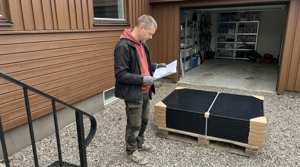 Villaägare med en pall nya solpaneler på uppfarten läser vad som gäller för att montera solceller själv