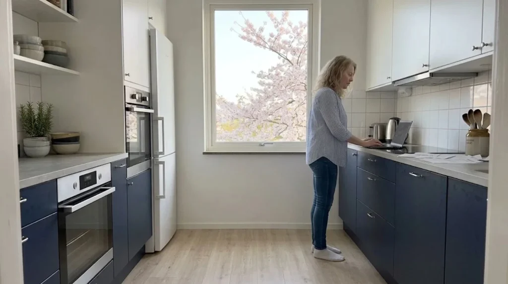 Villaägare deklarerar sina solceller vid laptopen i köket en vårdag