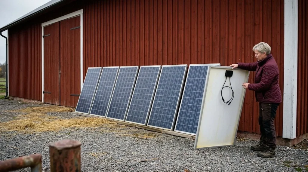 Begagnade solpaneler lutade mot en ladugårdsvägg där en köpare kontrollerar panelens baksida
