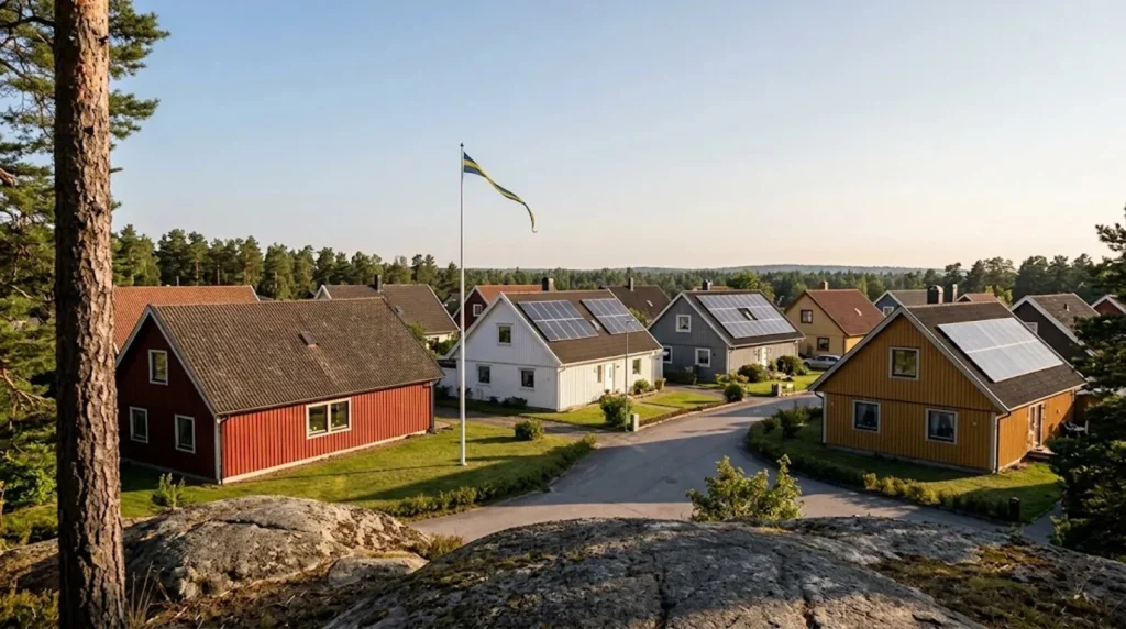 Villaområde i Sverige med solceller på flera tak och svenska flaggan i kvällssol