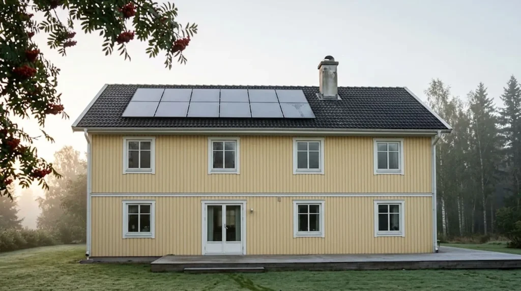 Gult trähus med solpaneler på taket en dimmig morgon, omgivet av skog