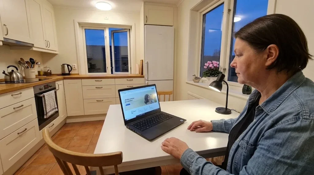 Villaägare slår upp ord om solceller på laptopen vid köksbordet en kväll