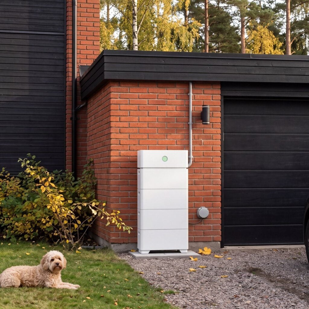 Hembatteri står mot tegelväggen vid garaget, med bilen på uppfarten och hunden på gräsmattan.
