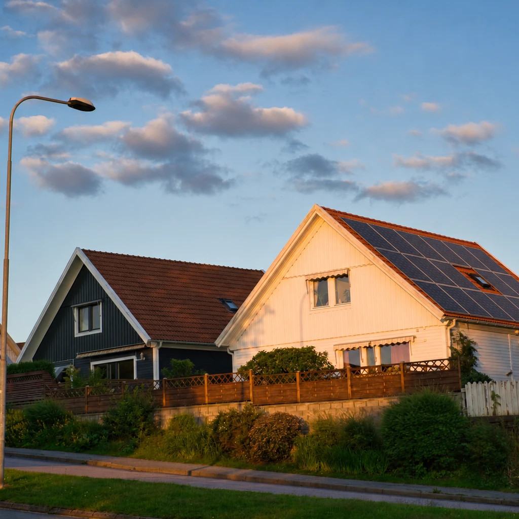 Vit villa med solceller på taket i kvällssol, sedd från gatan.